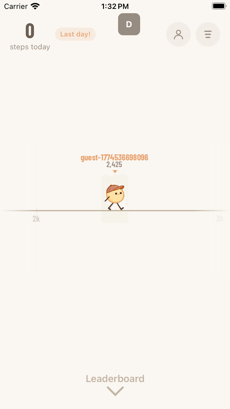 Giddy Up app screenshot showing step tracker and character
