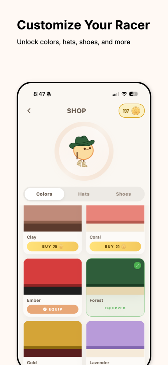 Giddy Up shop screen for customizing your racer