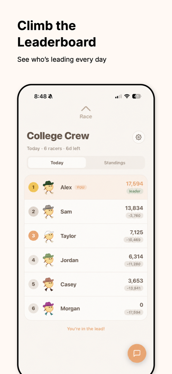 Giddy Up leaderboard showing racers ranked by steps